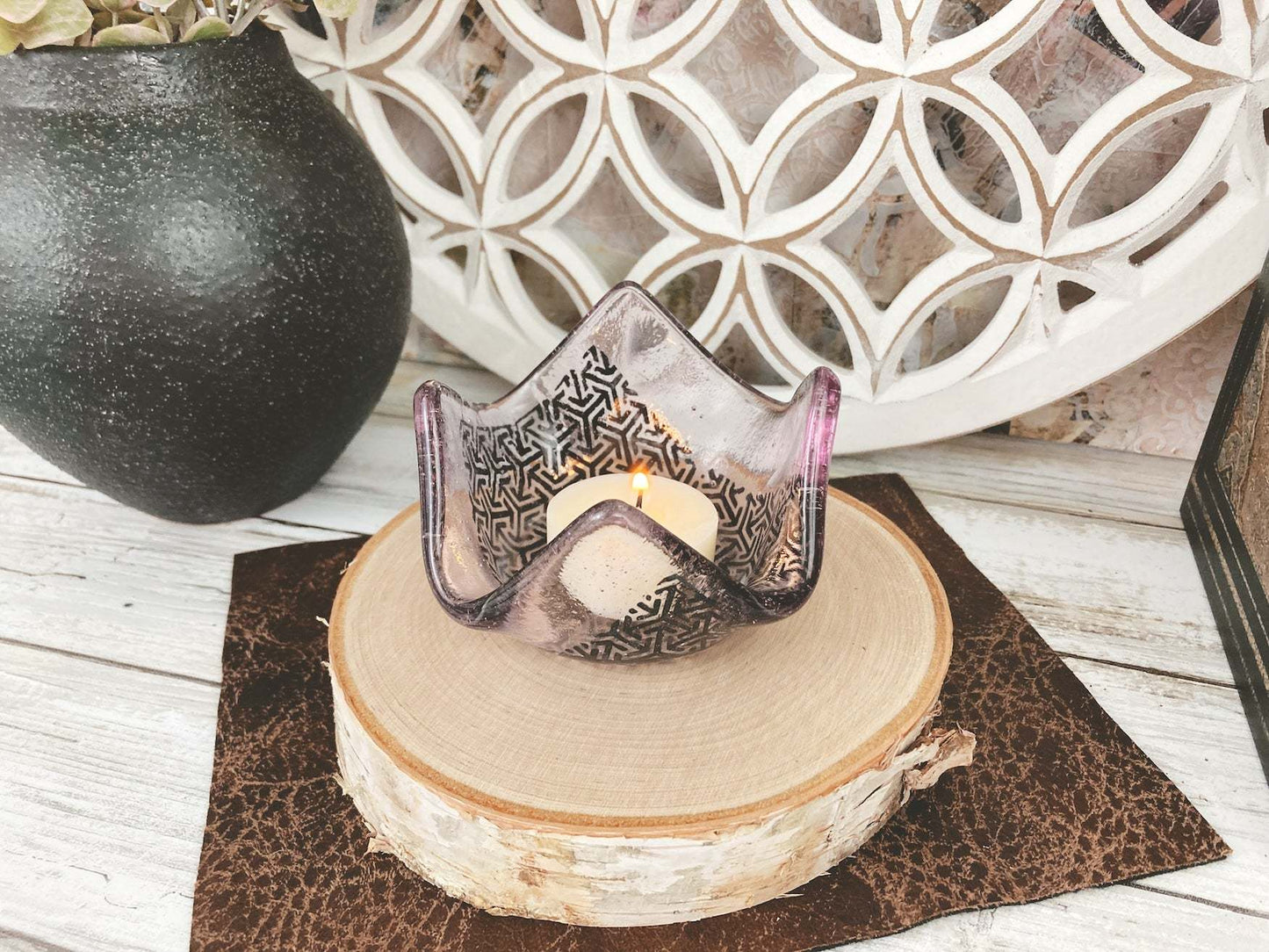 Glass Candle Holder | Abstract Pink Tea Light Candle Holder