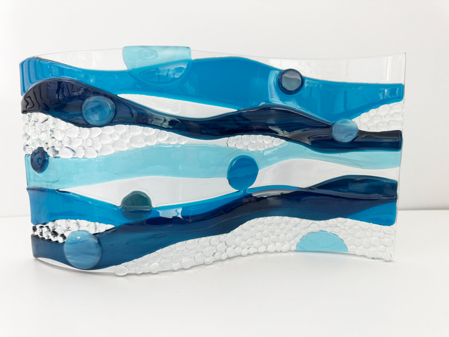 Blue Ocean Wave Fused Glass Table Top Piece