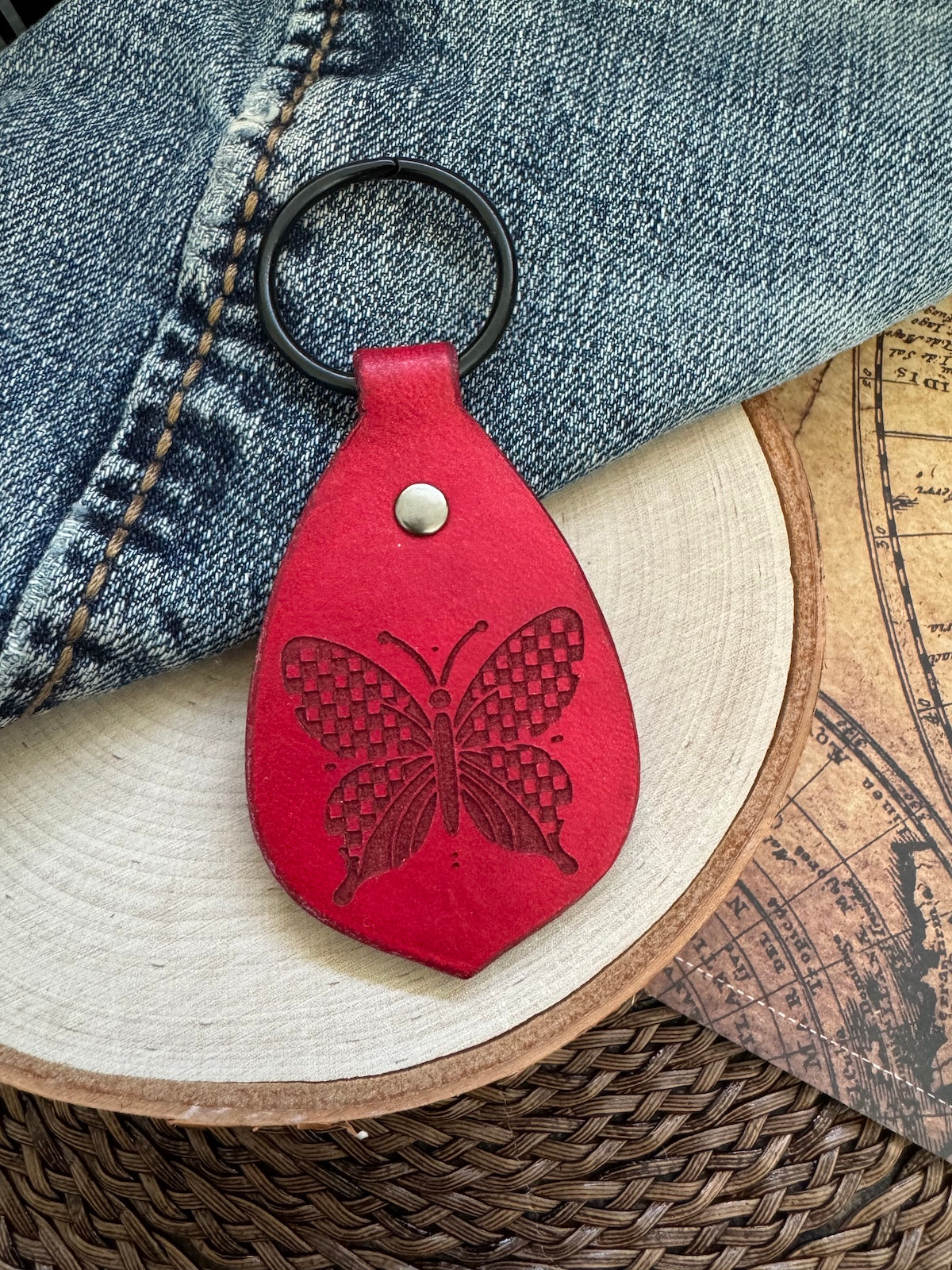 Checked Butterfly Leather Keychain
