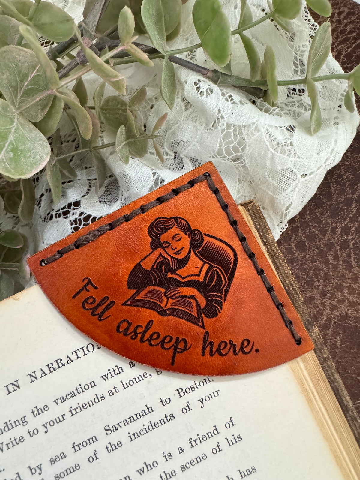 Fell Asleep Here Woman Leather Bookmark