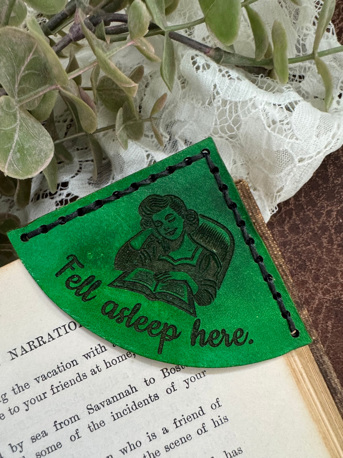 Fell Asleep Here Woman Leather Bookmark