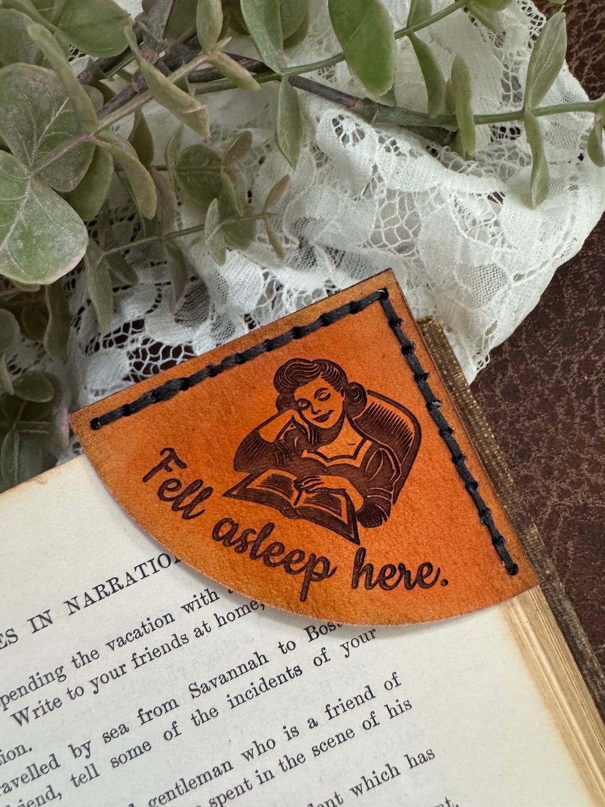 Fell Asleep Here Woman Leather Bookmark