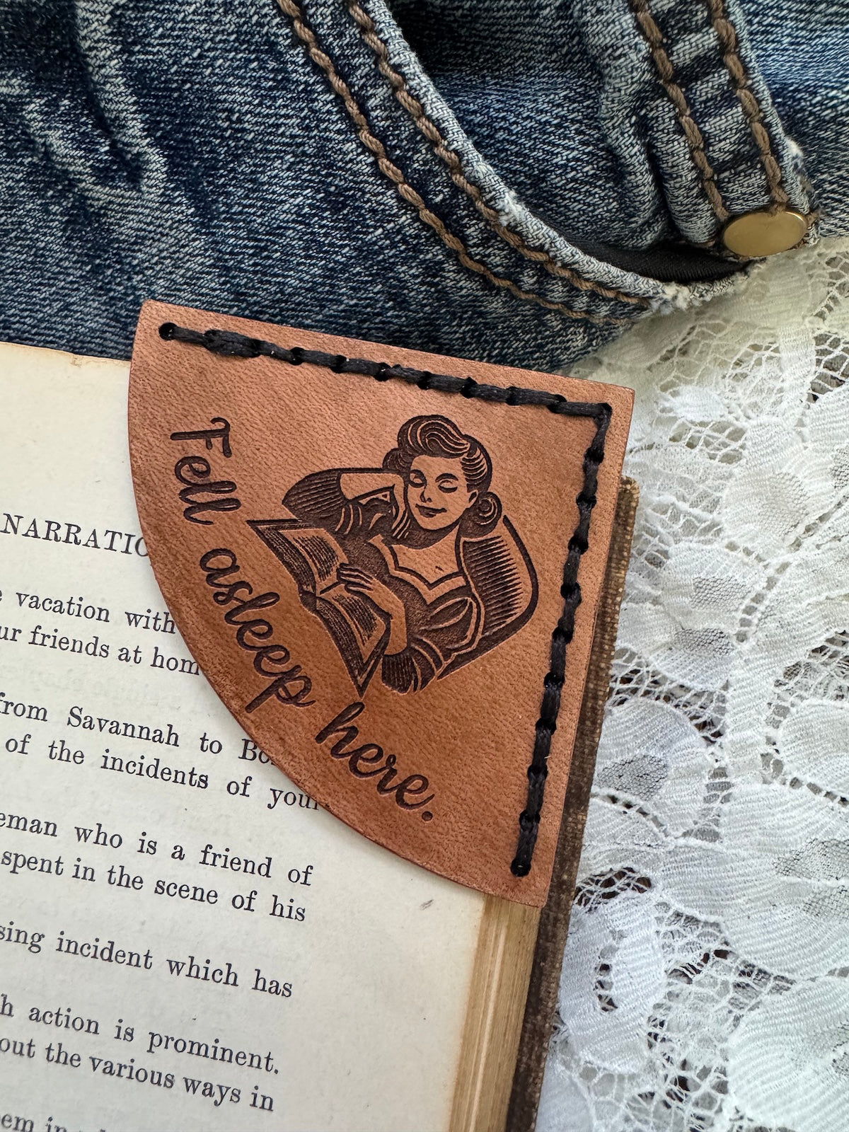 Fell Asleep Here Woman Leather Bookmark