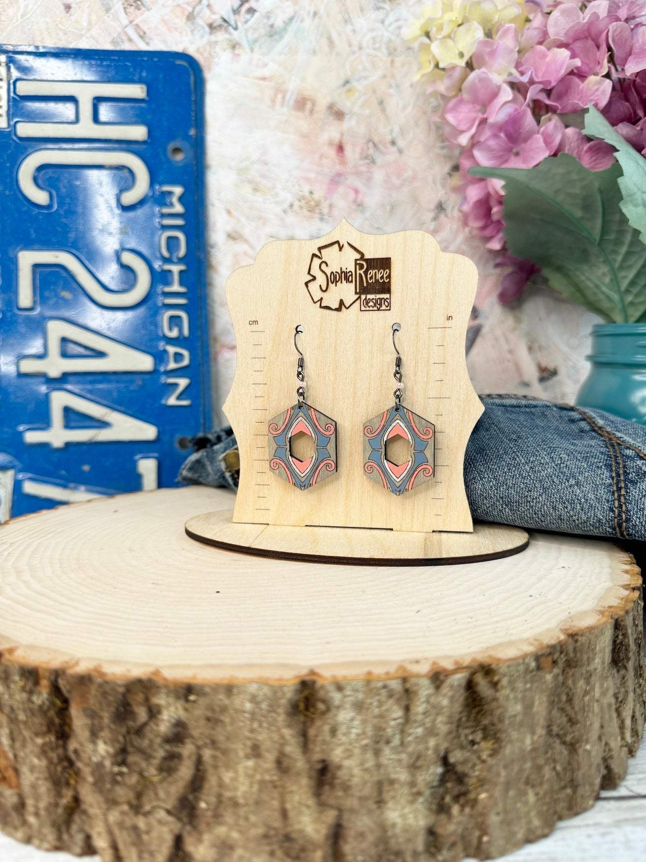 Hexagon Art Deco Wooden Earrings