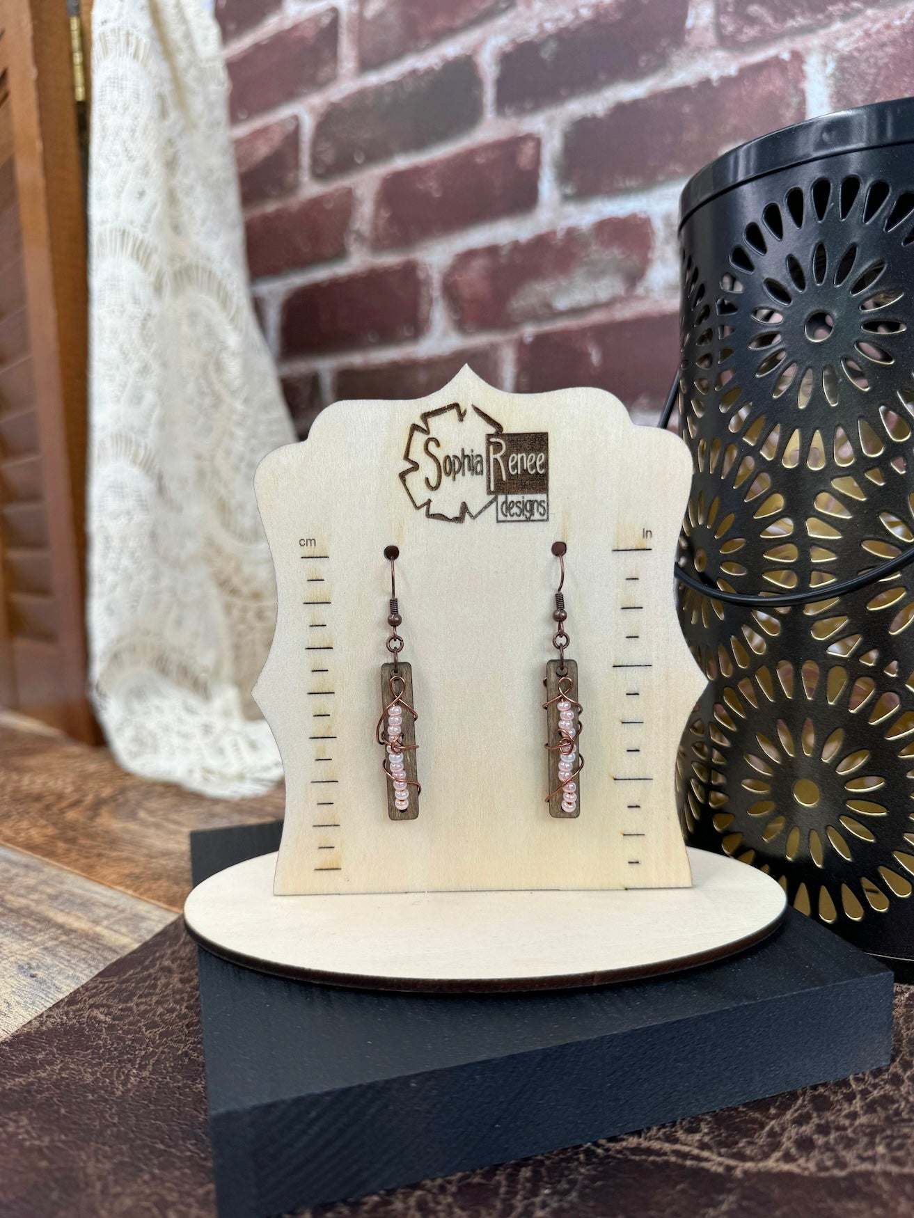 Rectangular Beaded Wire Wrap Wooden Earrings