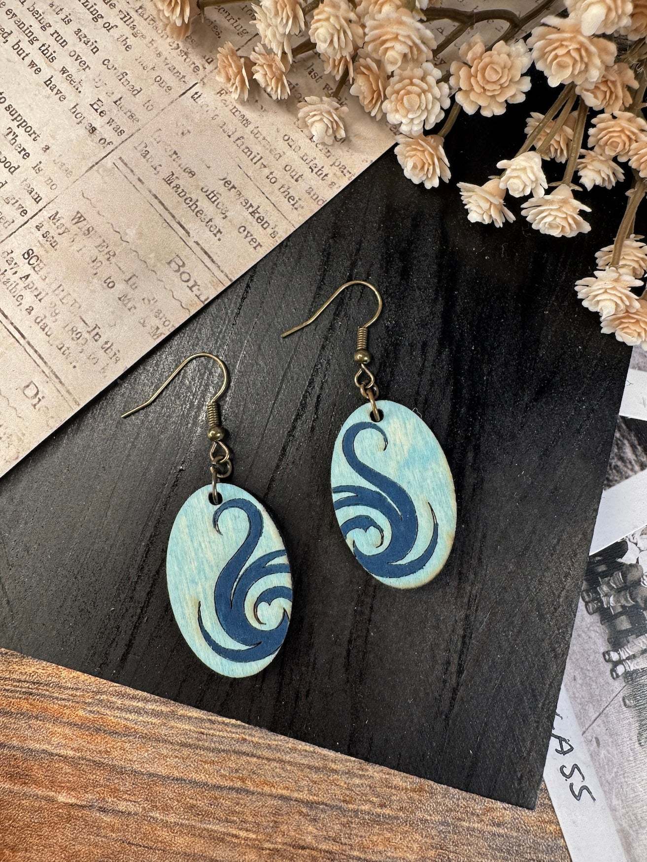 Oval Tribal Tattoo Wooden Earrings