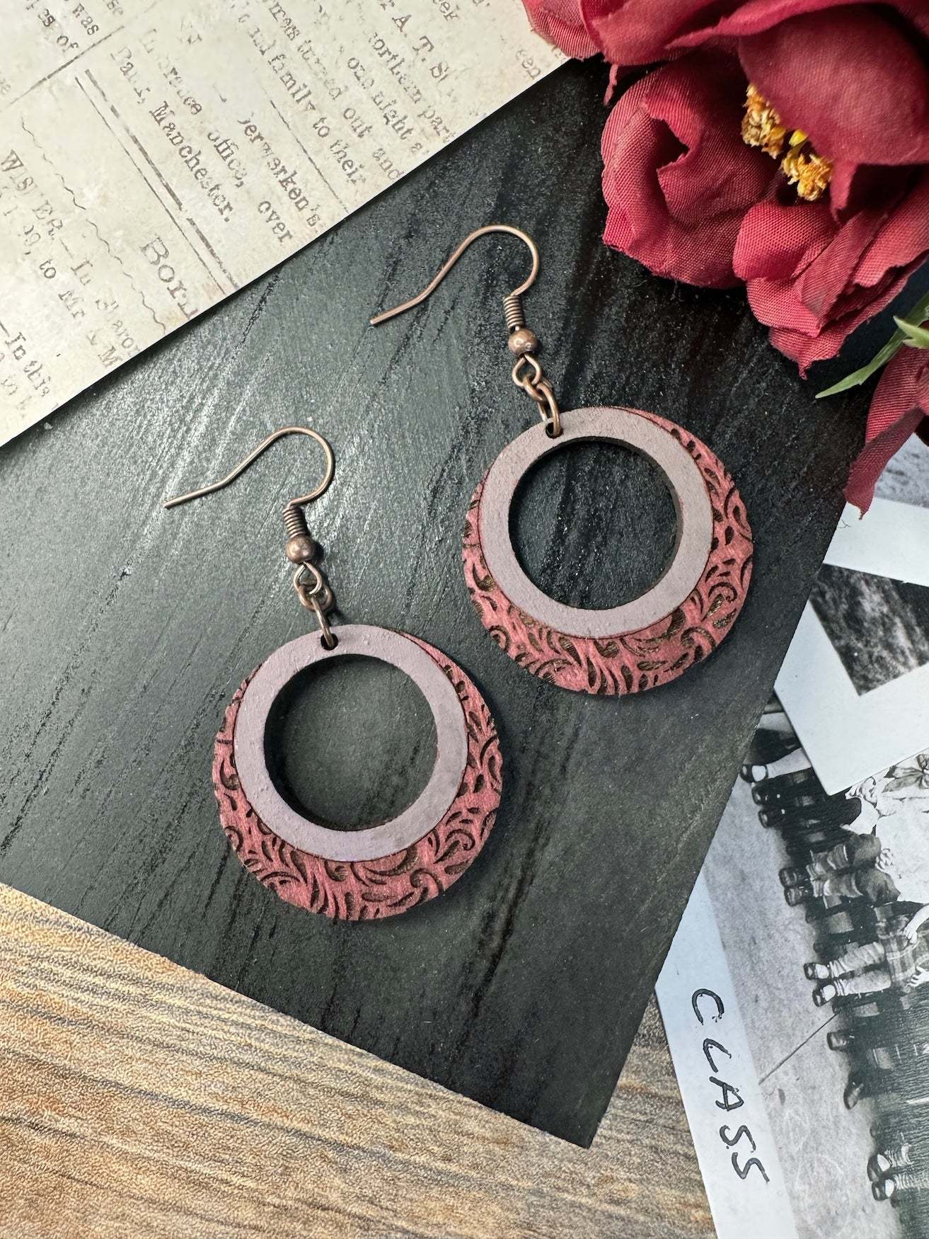 Circle Cut Out Floral Wooden Earrings
