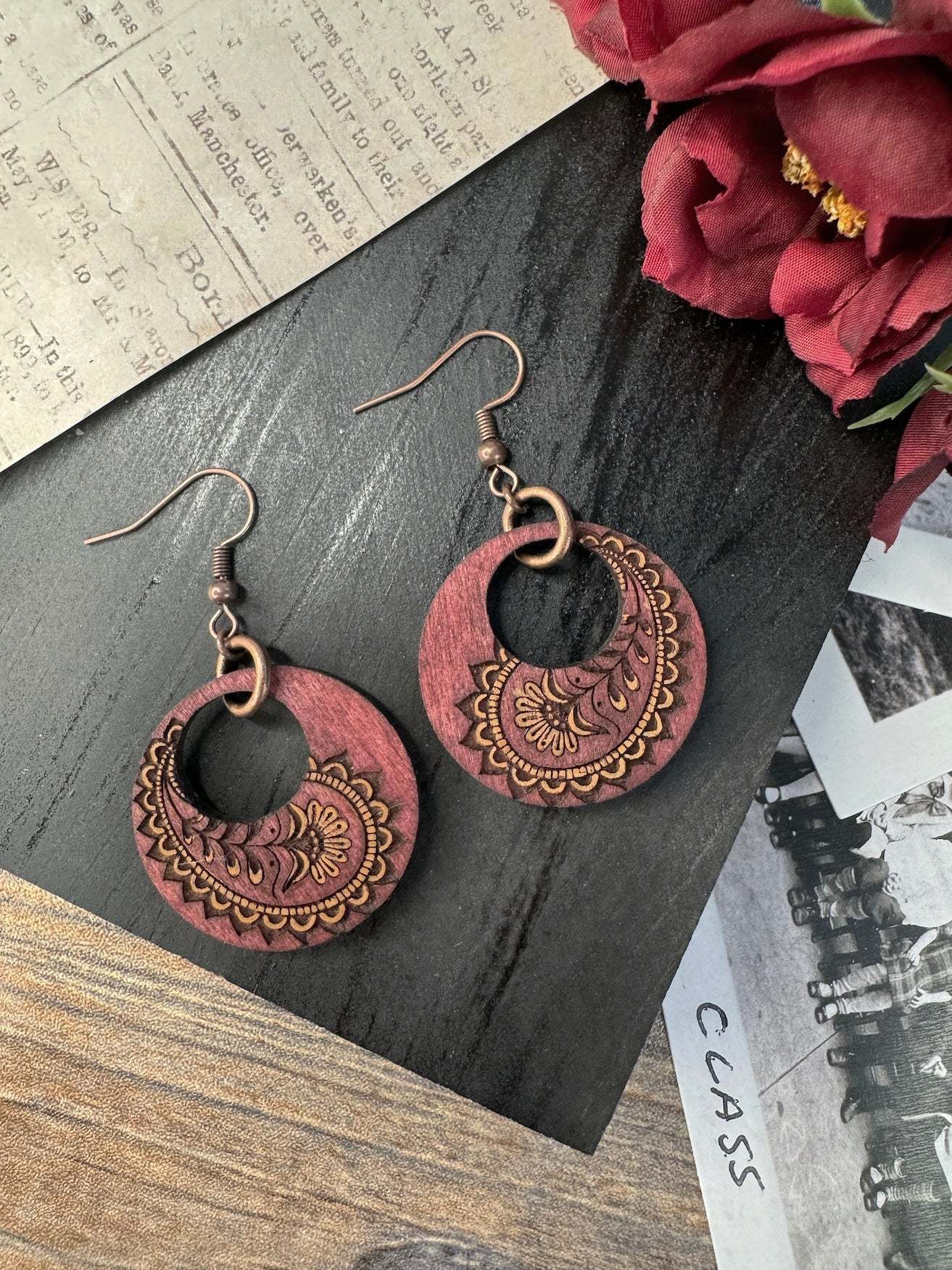 Circle Cut Out Paisley Wooden Earrings