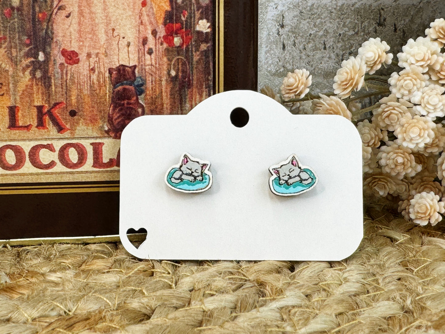 Sleeping Kitten Wooden Stud Earrings