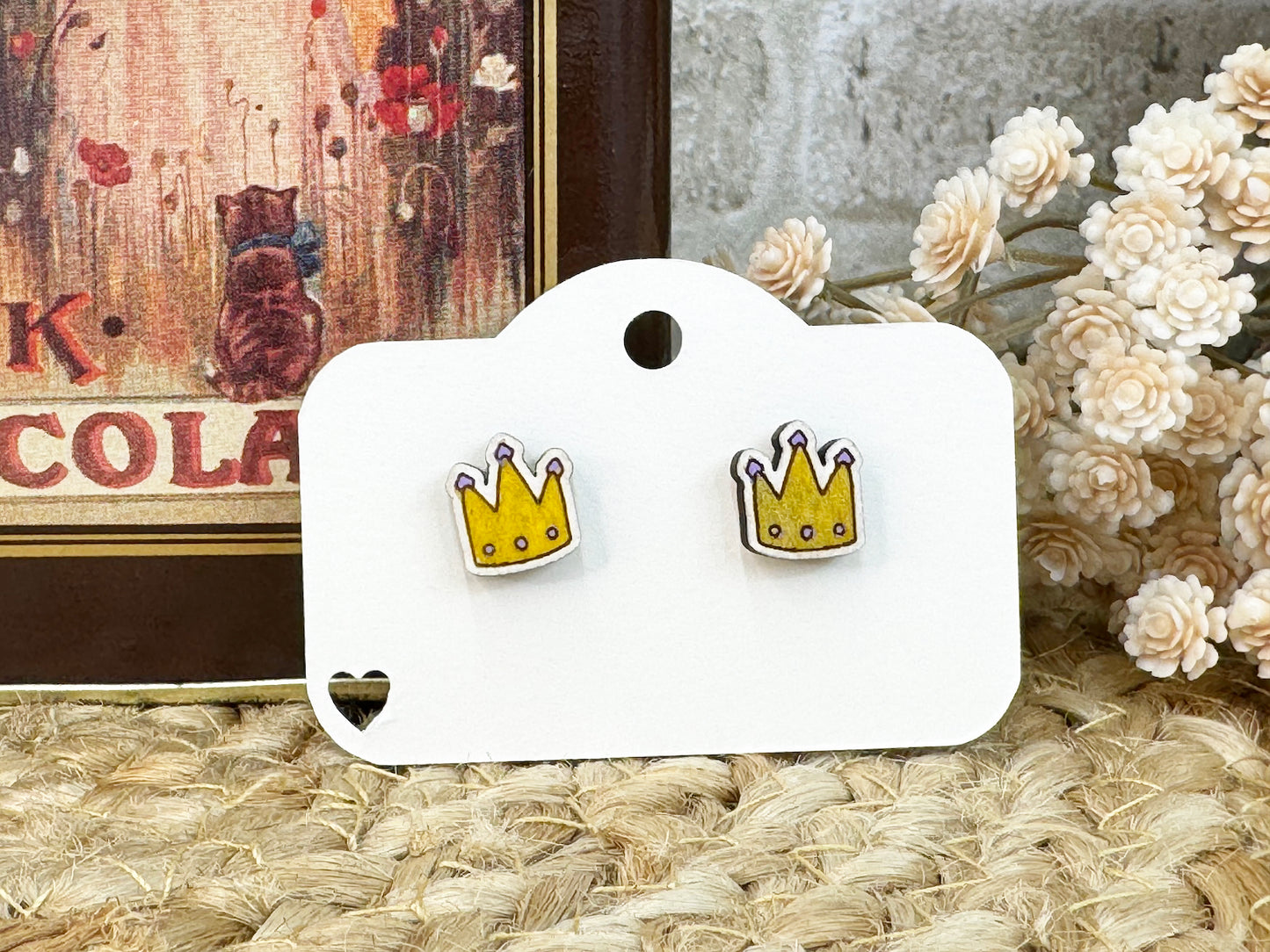 Princess Crown Wooden Stud Earrings