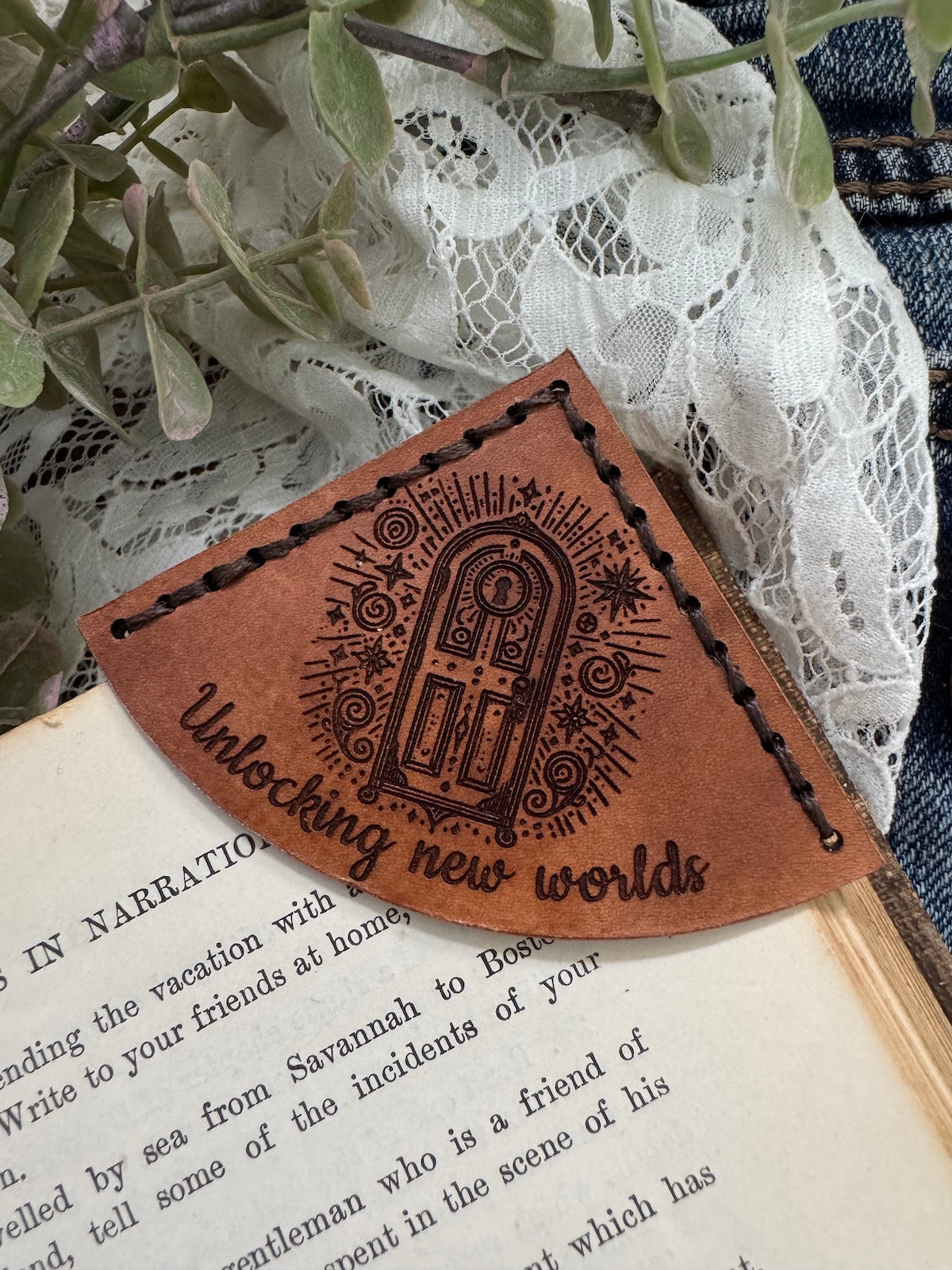 Unlocking New Worlds Leather Bookmark - Magical Door