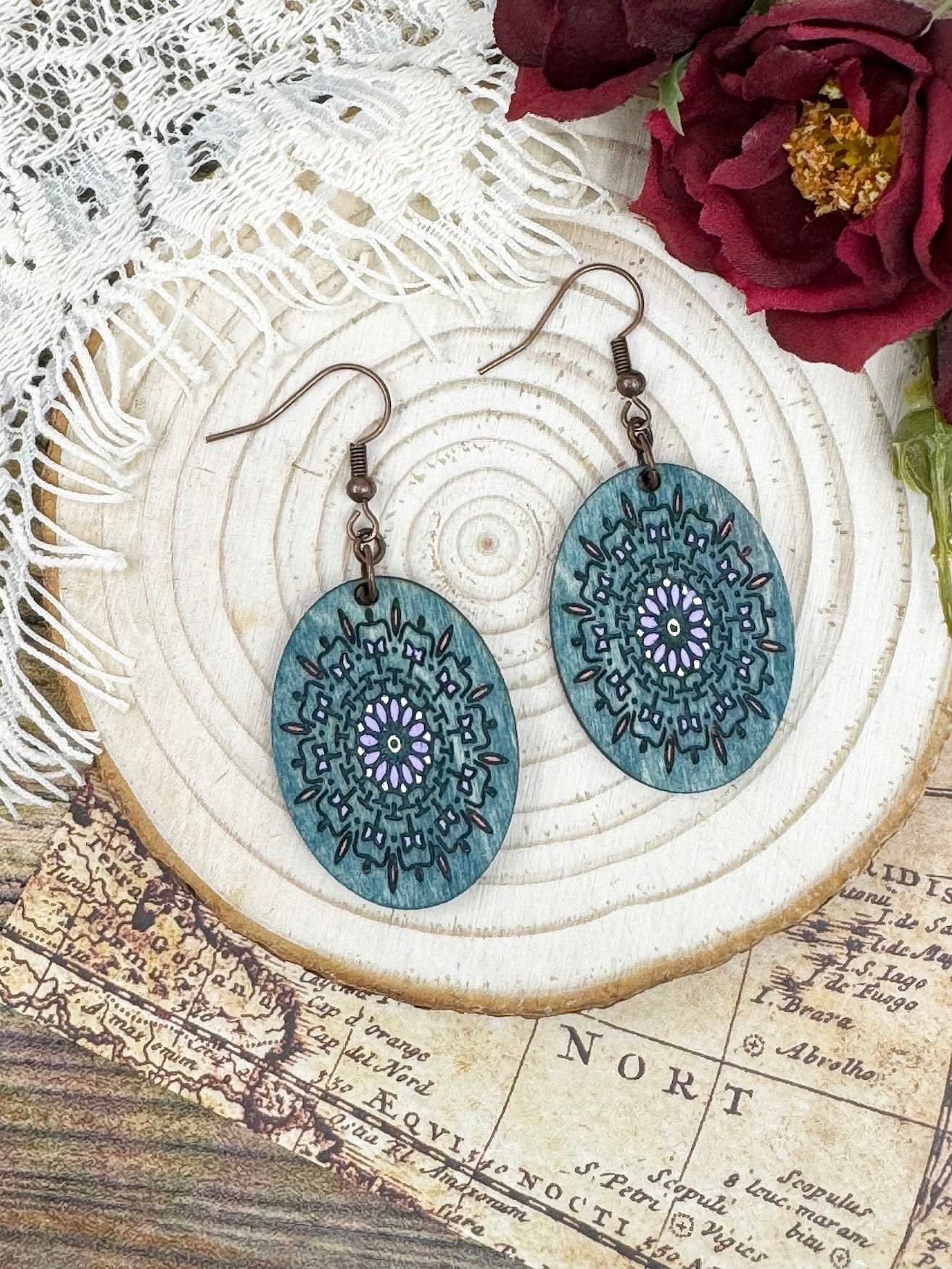 Wooden Earrings | Oval Mandala Wooden Earrings | Sophia Renee Designs