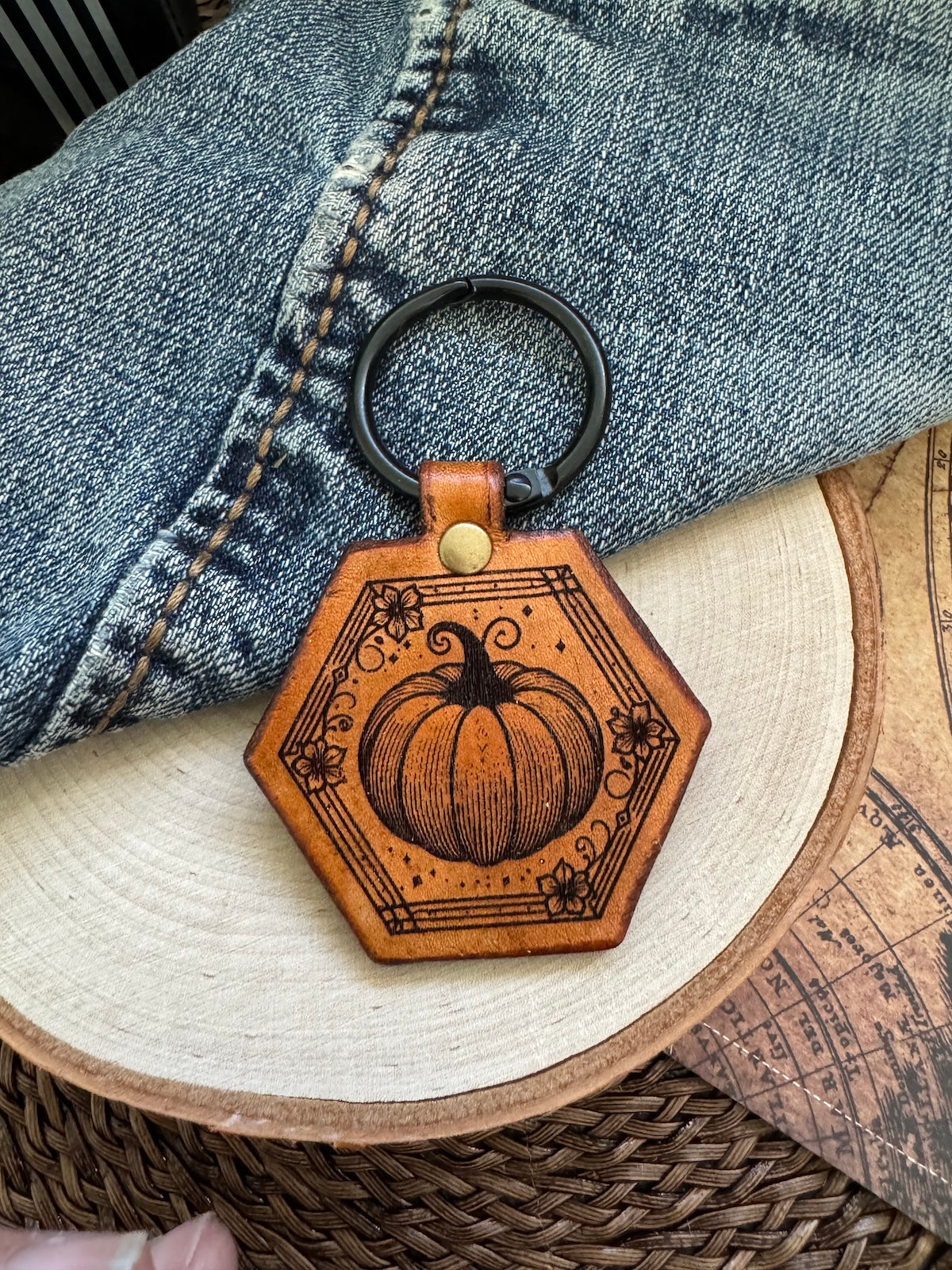 Pumpkin Hexagon Leather Keychain