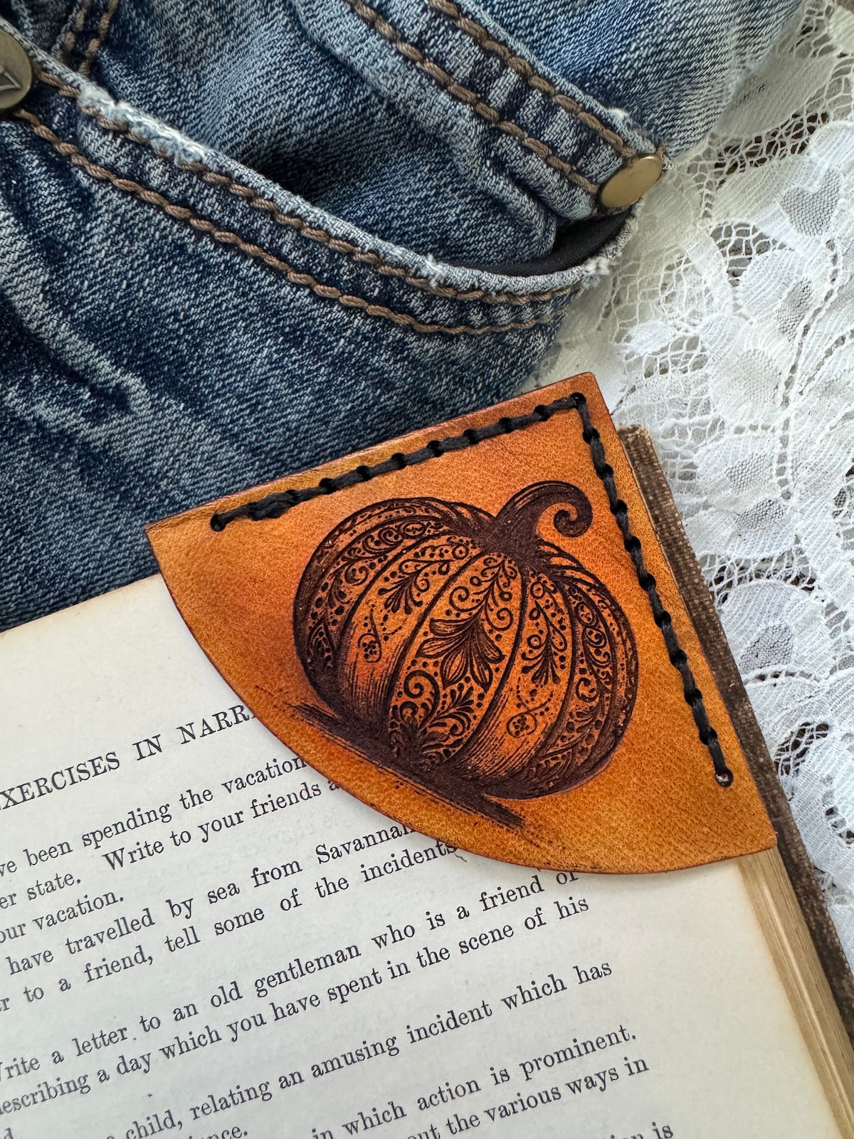 Pumpkin Leather Bookmark – Handcrafted Corner Bookmark