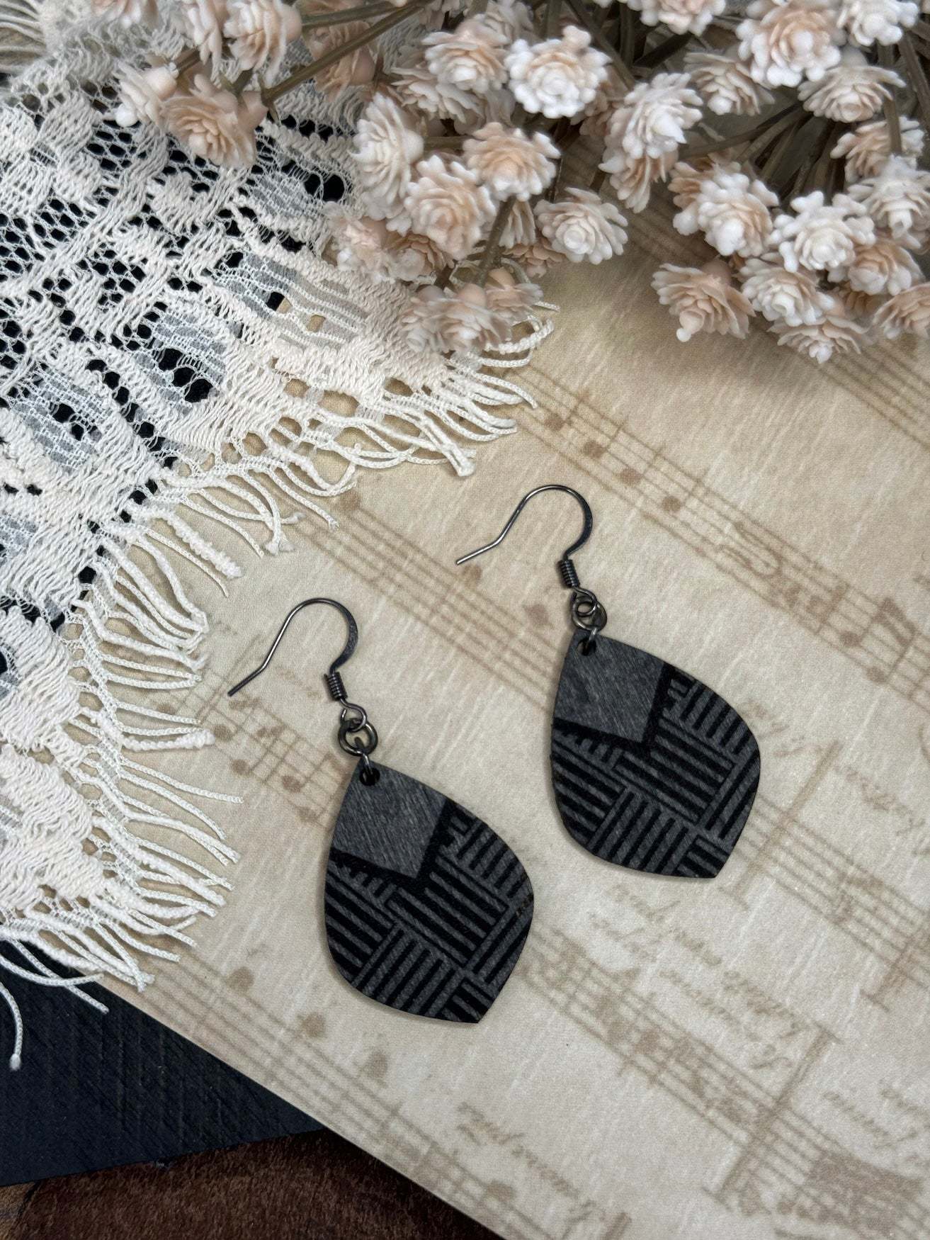 Pointed Teardrop Tile Wooden Earrings