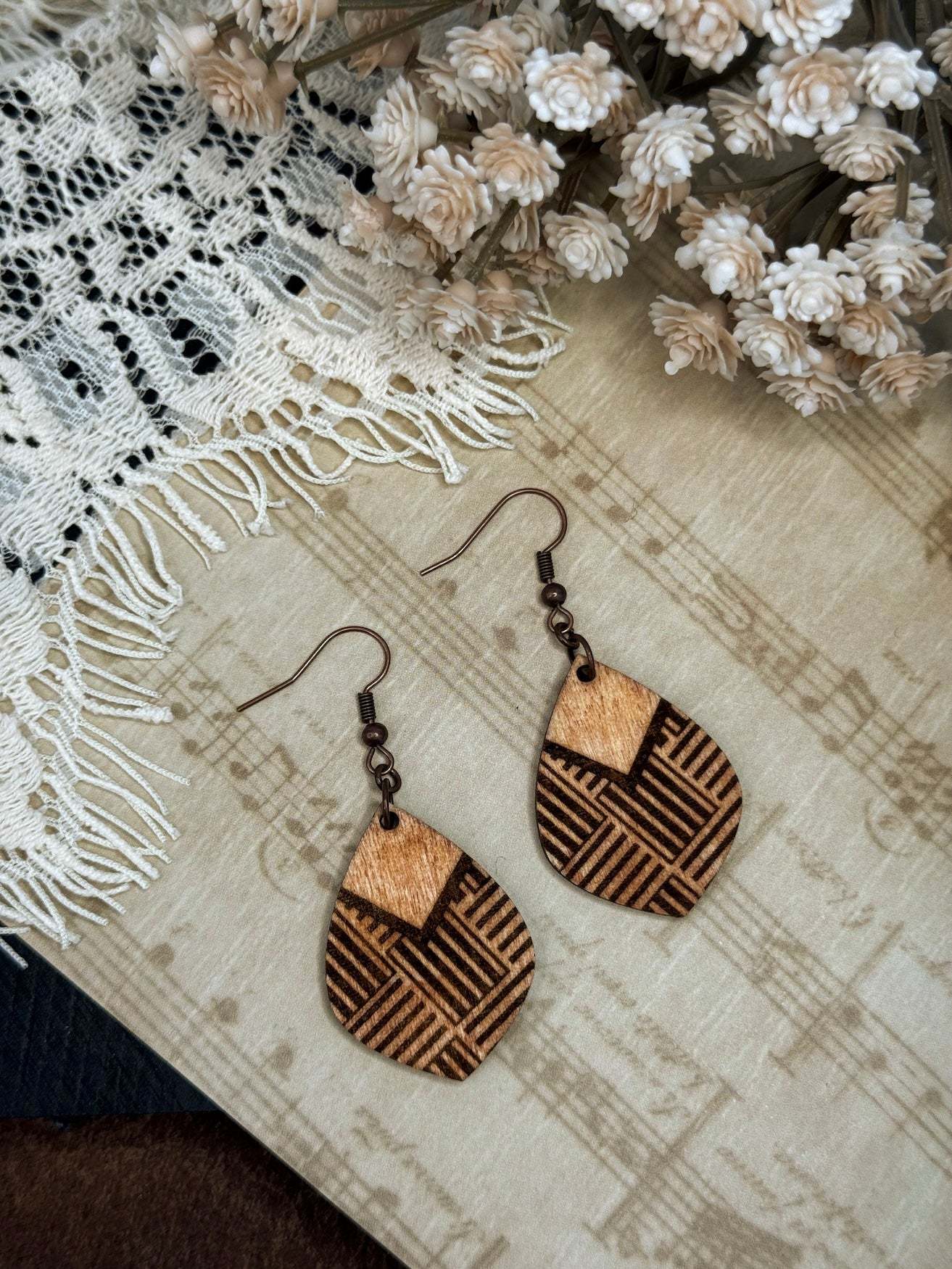 Pointed Teardrop Tile Wooden Earrings
