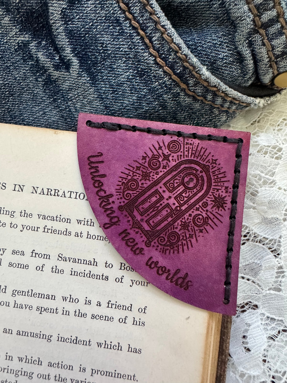 Unlocking New Worlds Leather Bookmark - Magical Door