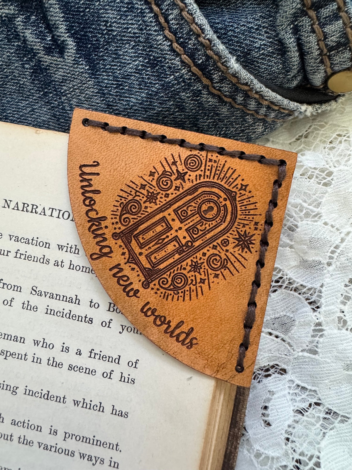 Unlocking New Worlds Leather Bookmark - Magical Door