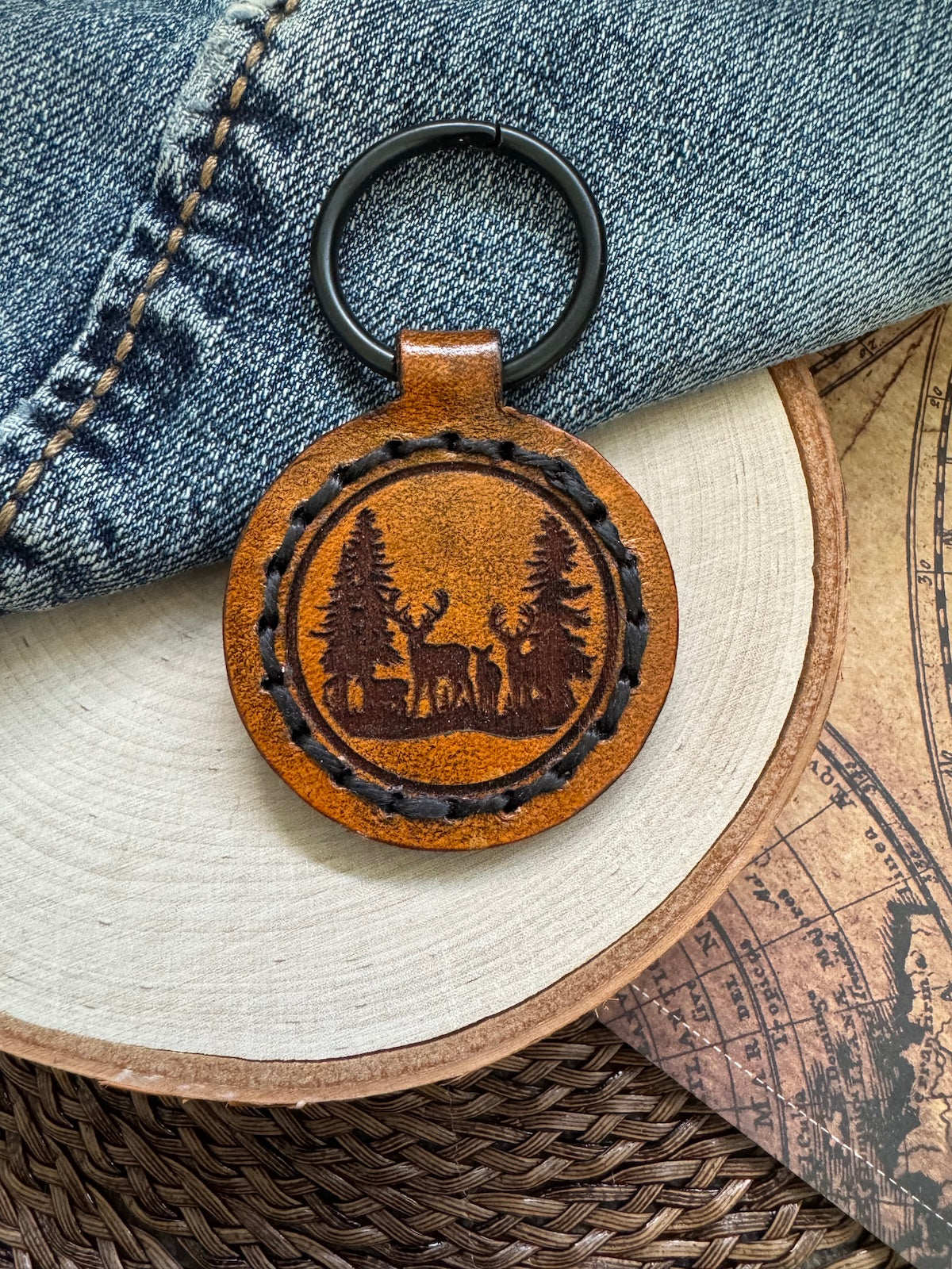 Watch for Deer Leather Keychain