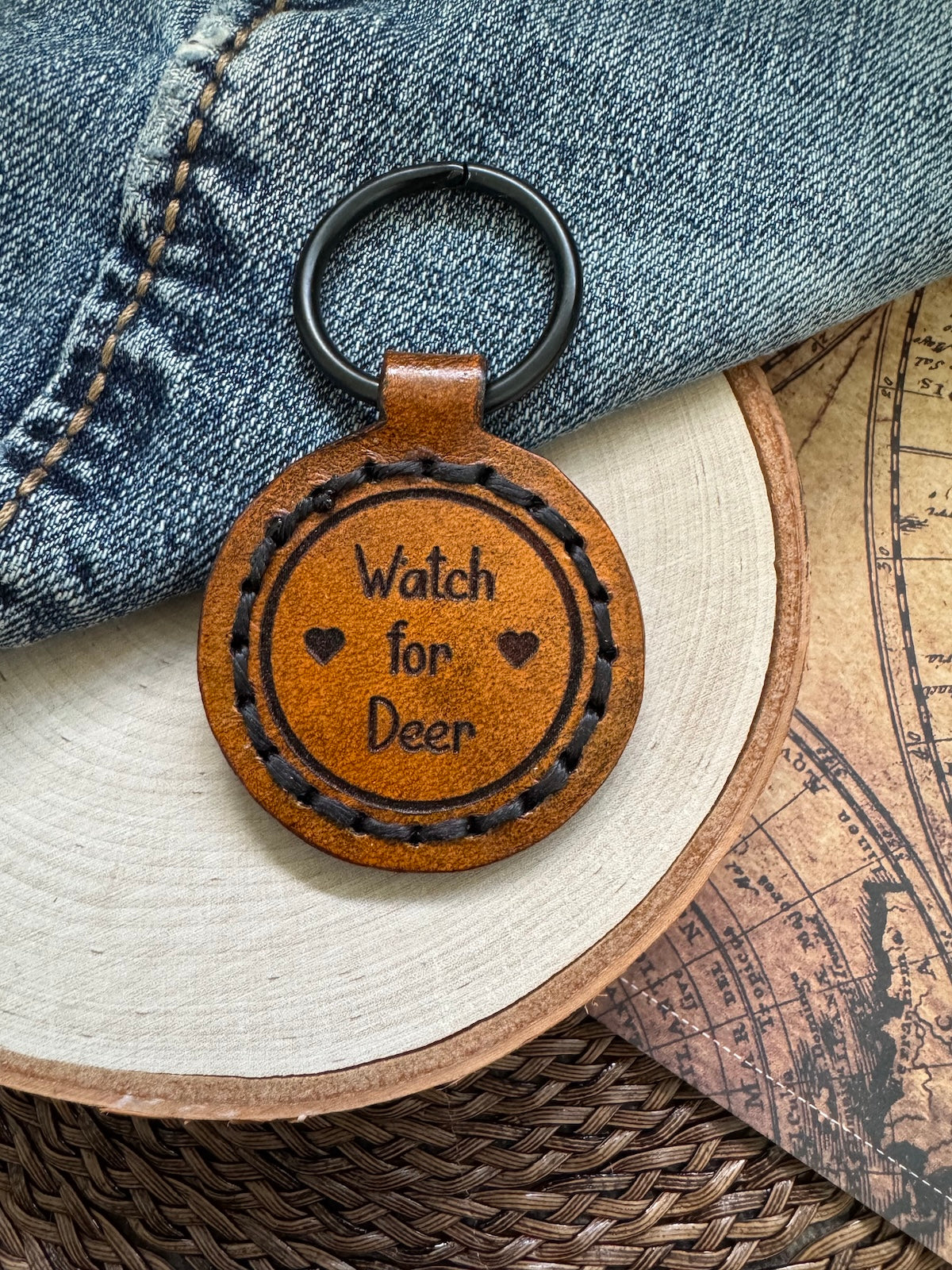 Watch for Deer Leather Keychain