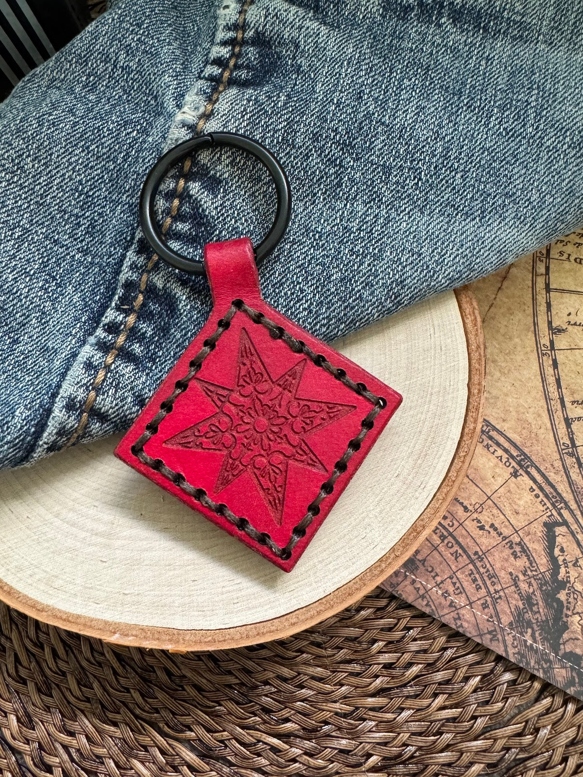 Western 8 Point Star Leather Keychain