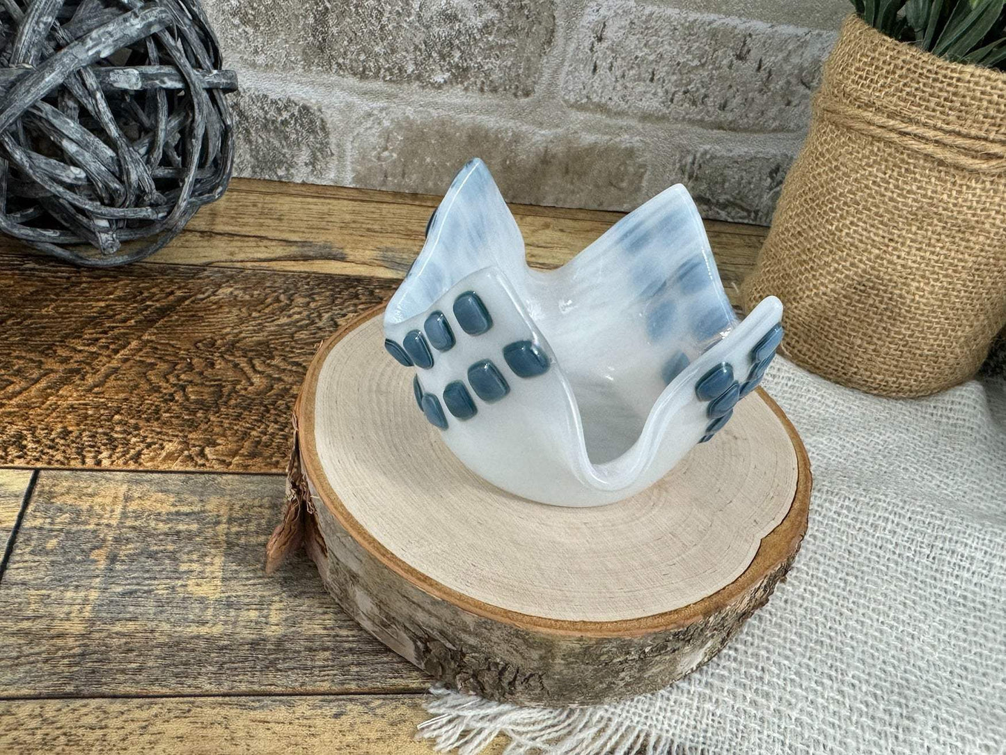 Fused Glass White Lake House Tea Light Votive #2