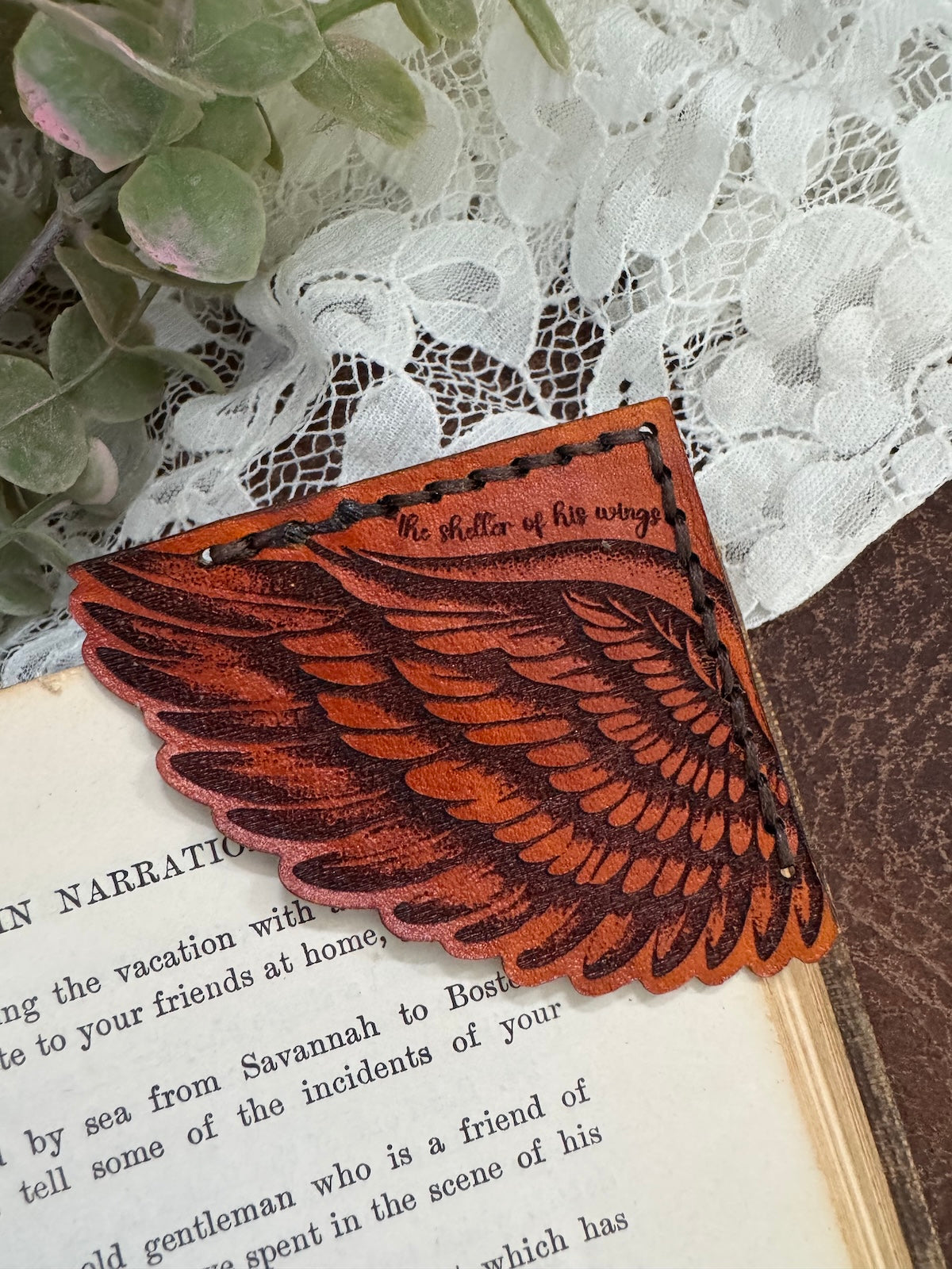 Wing Leather Bookmark – “The Shelter of His Wings”