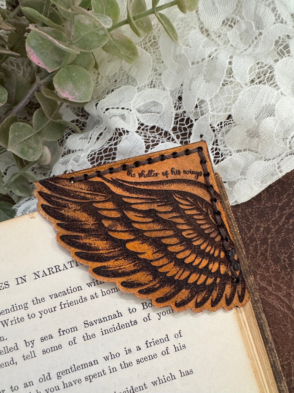 Wing Leather Bookmark – “The Shelter of His Wings”