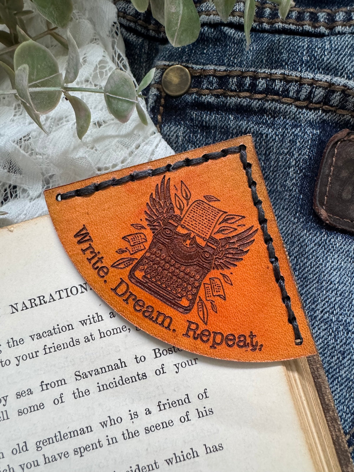 Write. Dream. Repeat. Leather Bookmark