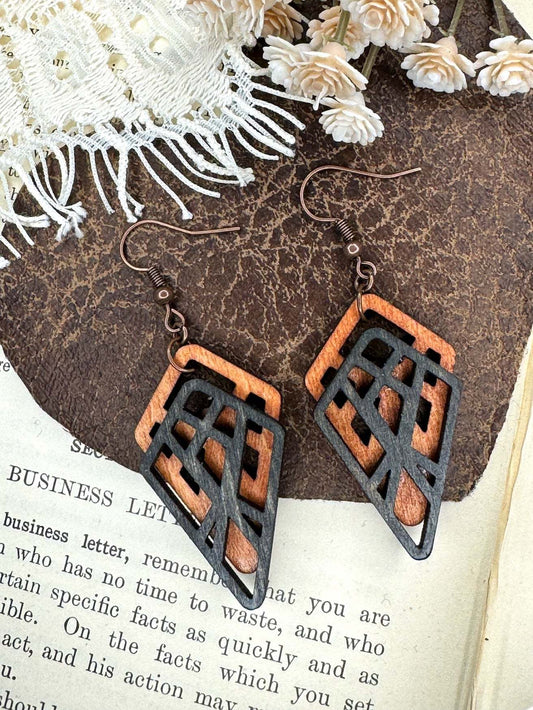 Wooden Earrings | Angular Diamond Layer Wooden Earrings | Lightweight