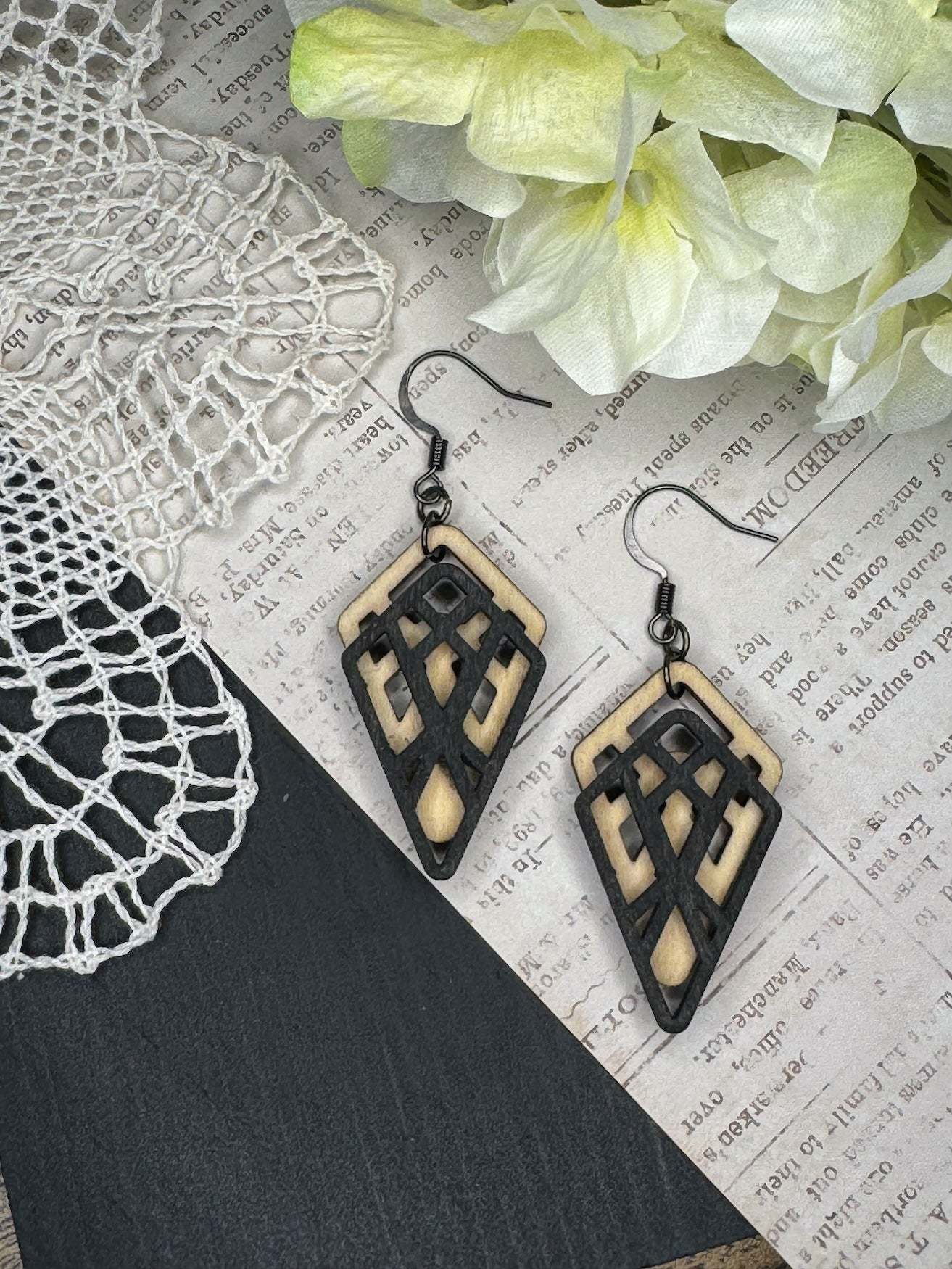 Wooden Earrings | Angular Diamond Layer Wooden Earrings | Lightweight