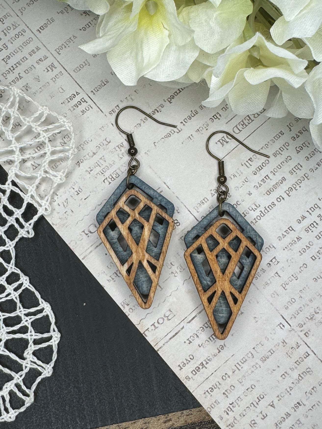 Wooden Earrings | Angular Diamond Layer Wooden Earrings | Lightweight