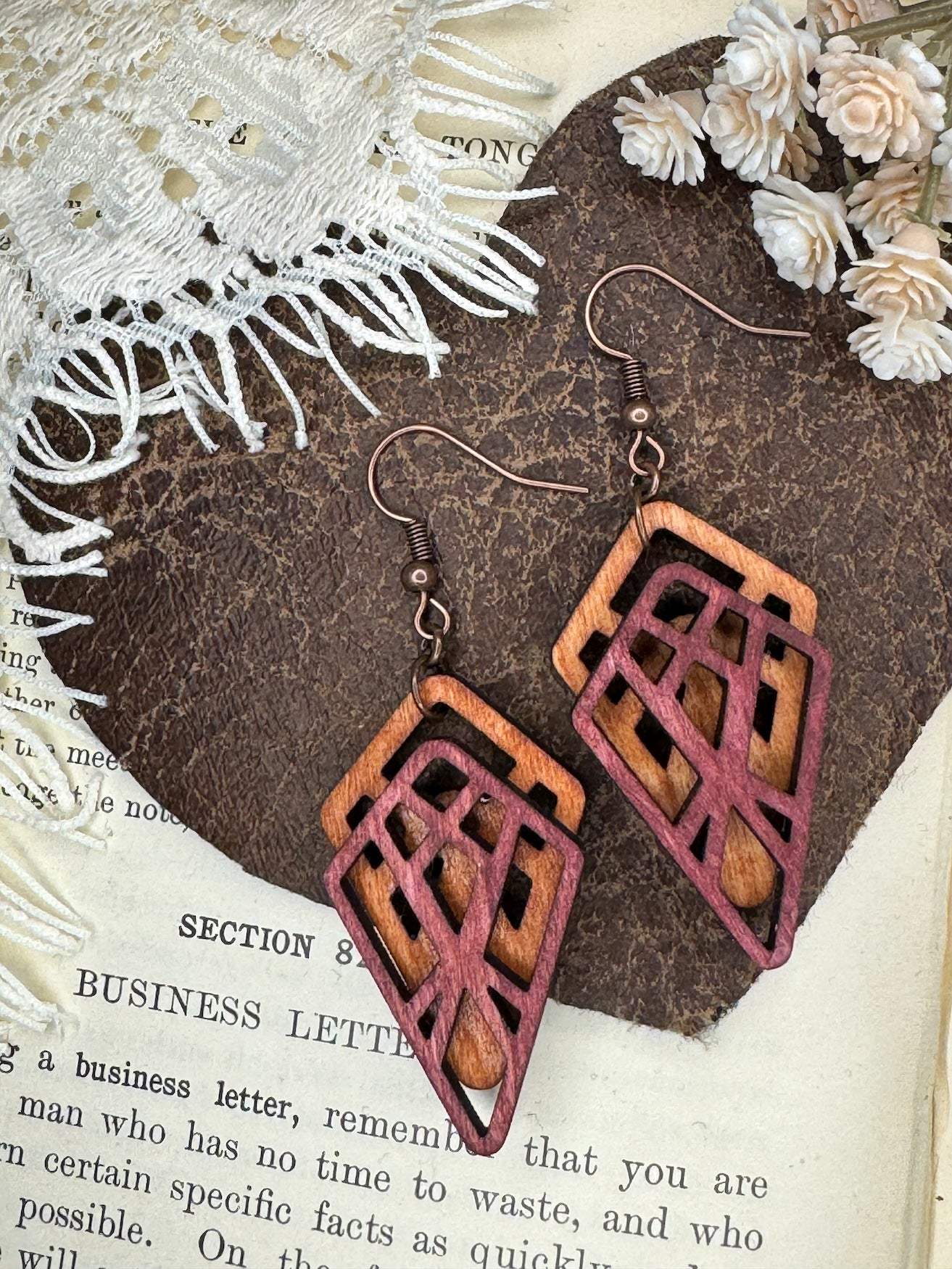 Wooden Earrings | Angular Diamond Layer Wooden Earrings | Lightweight