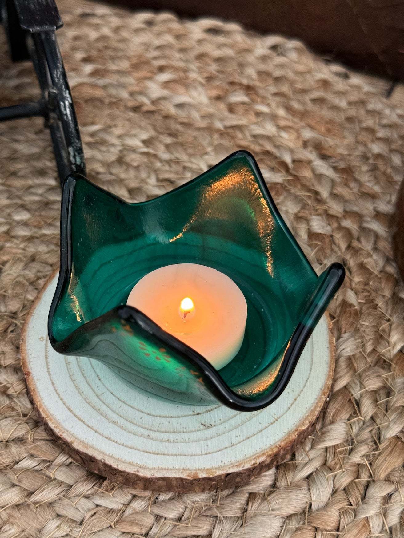 Fused Glass | Asymmetric Emerald Tea Light Votive | Sophia Renee Designs