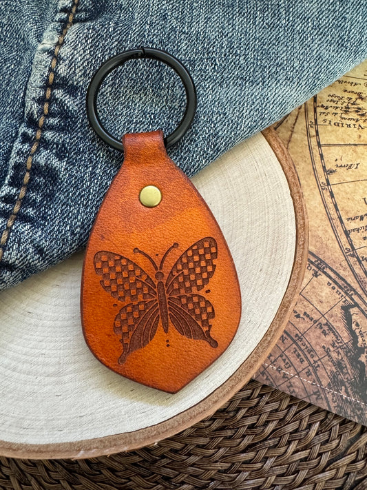 Checked Butterfly Leather Keychain