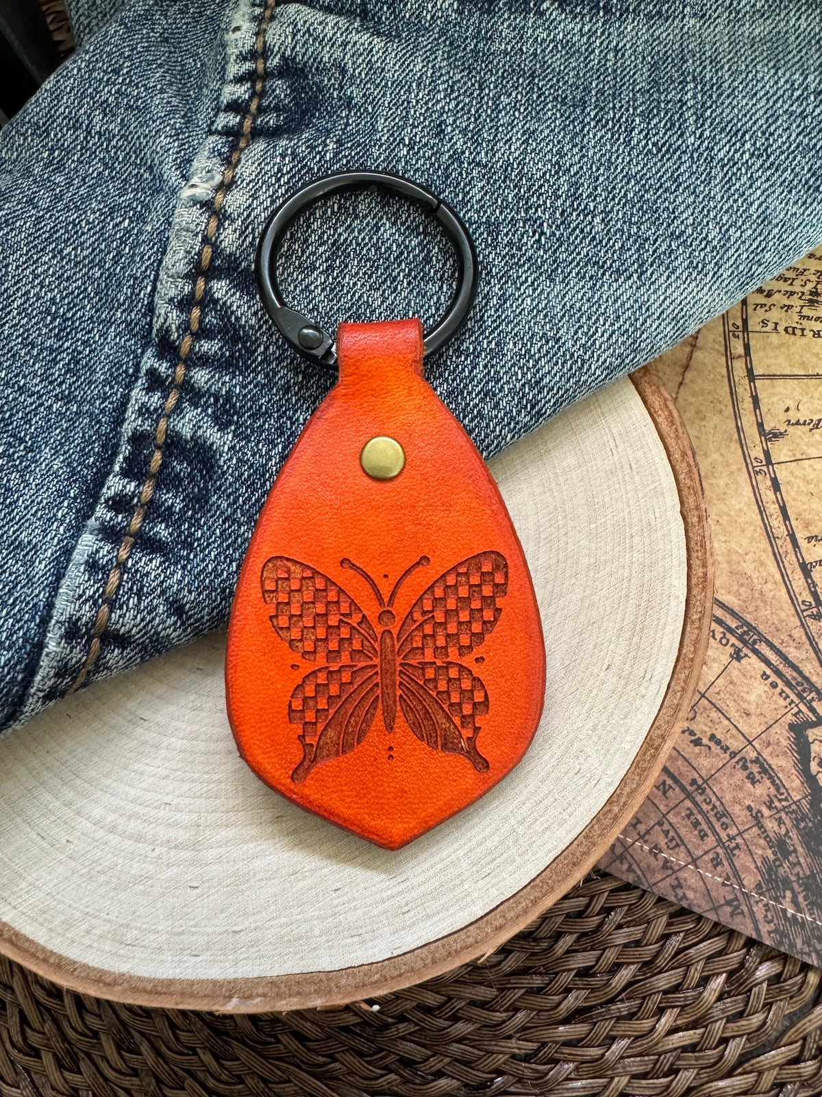 Checked Butterfly Leather Keychain