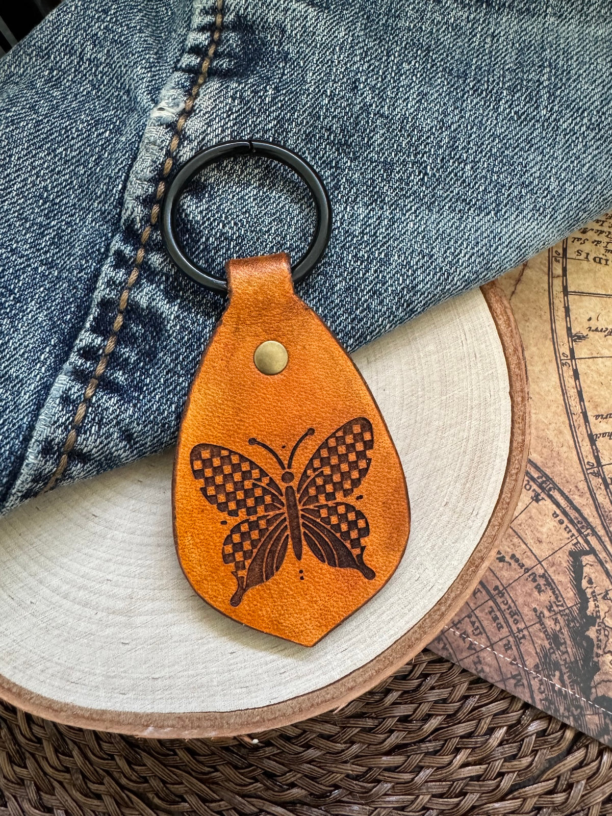 Checked Butterfly Leather Keychain