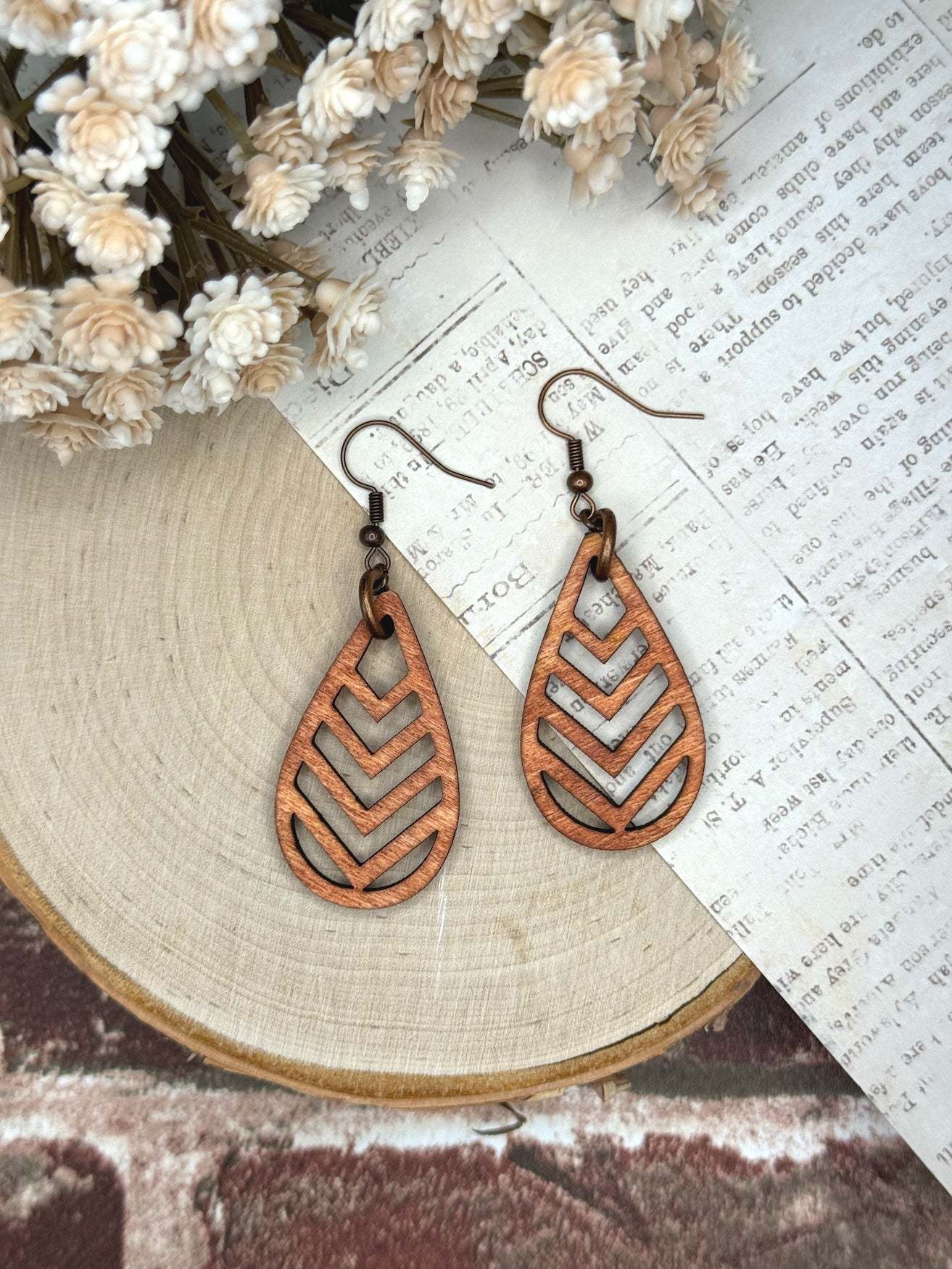 Wooden Earrings | Chevron Teardrop Wooden Earrings | Lightweight 