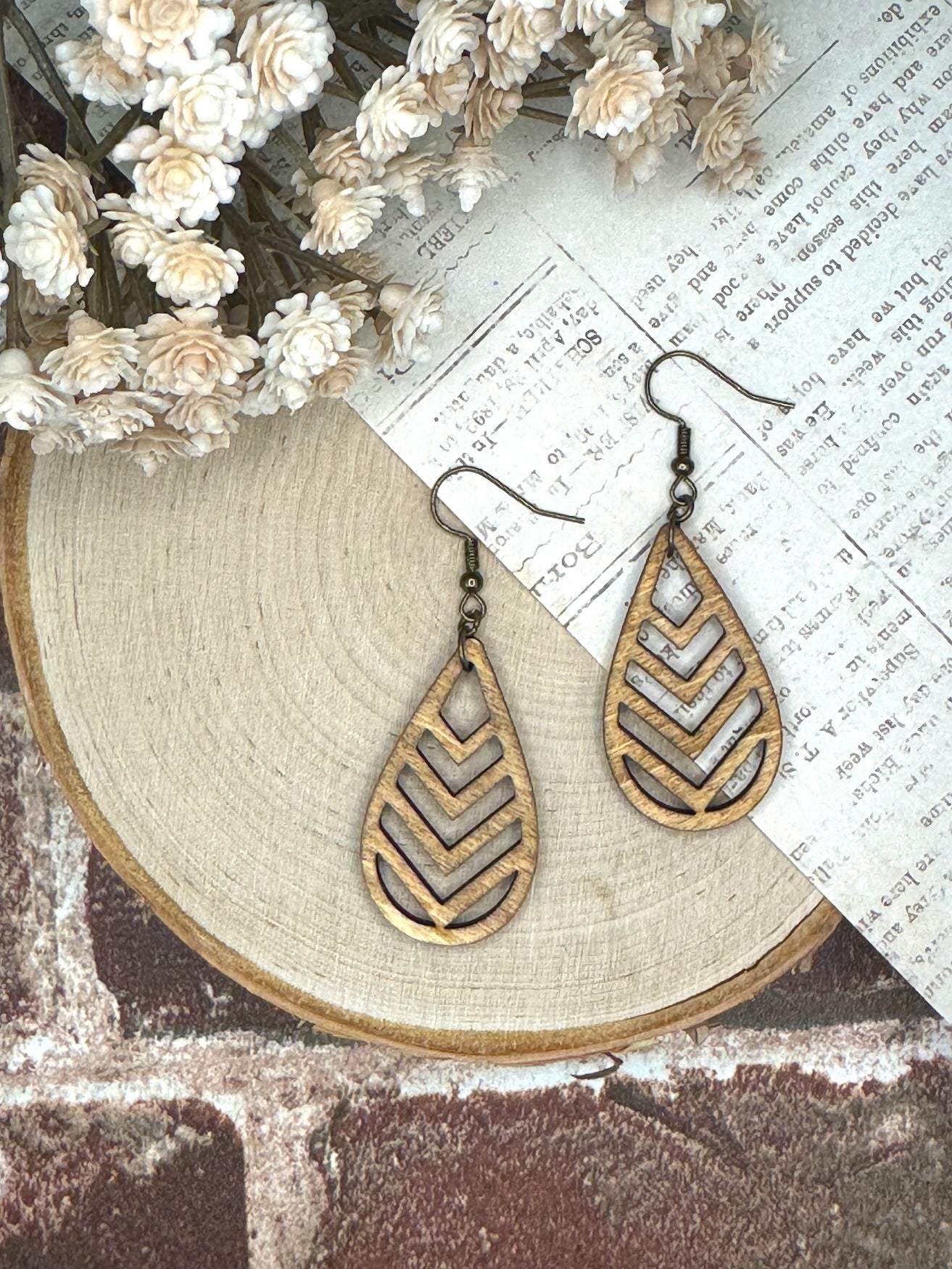 Wooden Earrings | Chevron Teardrop Wooden Earrings | Lightweight 