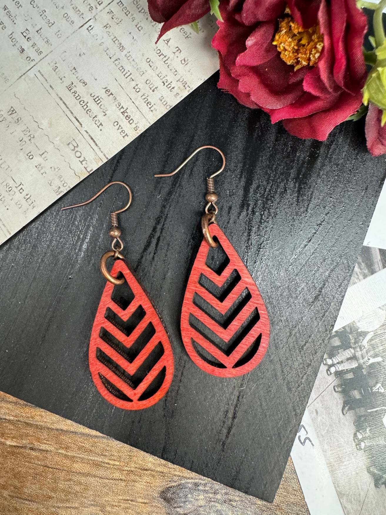 Wooden Earrings | Chevron Teardrop Wooden Earrings | Lightweight 