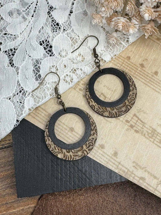 Circle Cut Out Floral Wooden Earrings