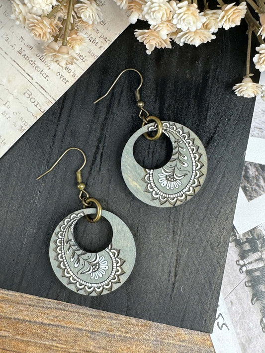 Circle Cut Out Paisley Wooden Earrings