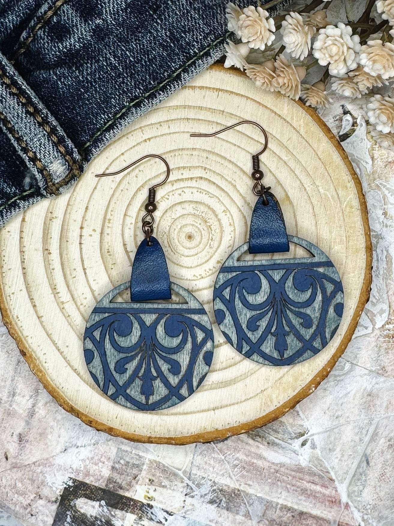 Circular Art Deco Wooden Earrings with Leather