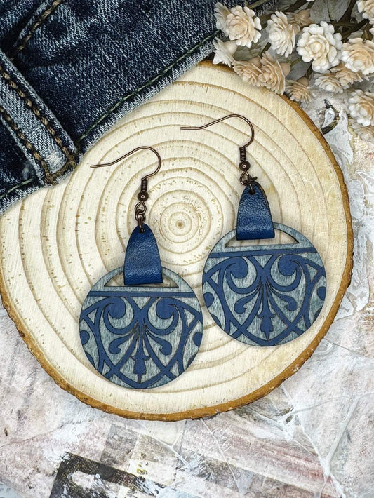 Circular Art Deco Wooden Earrings with Leather