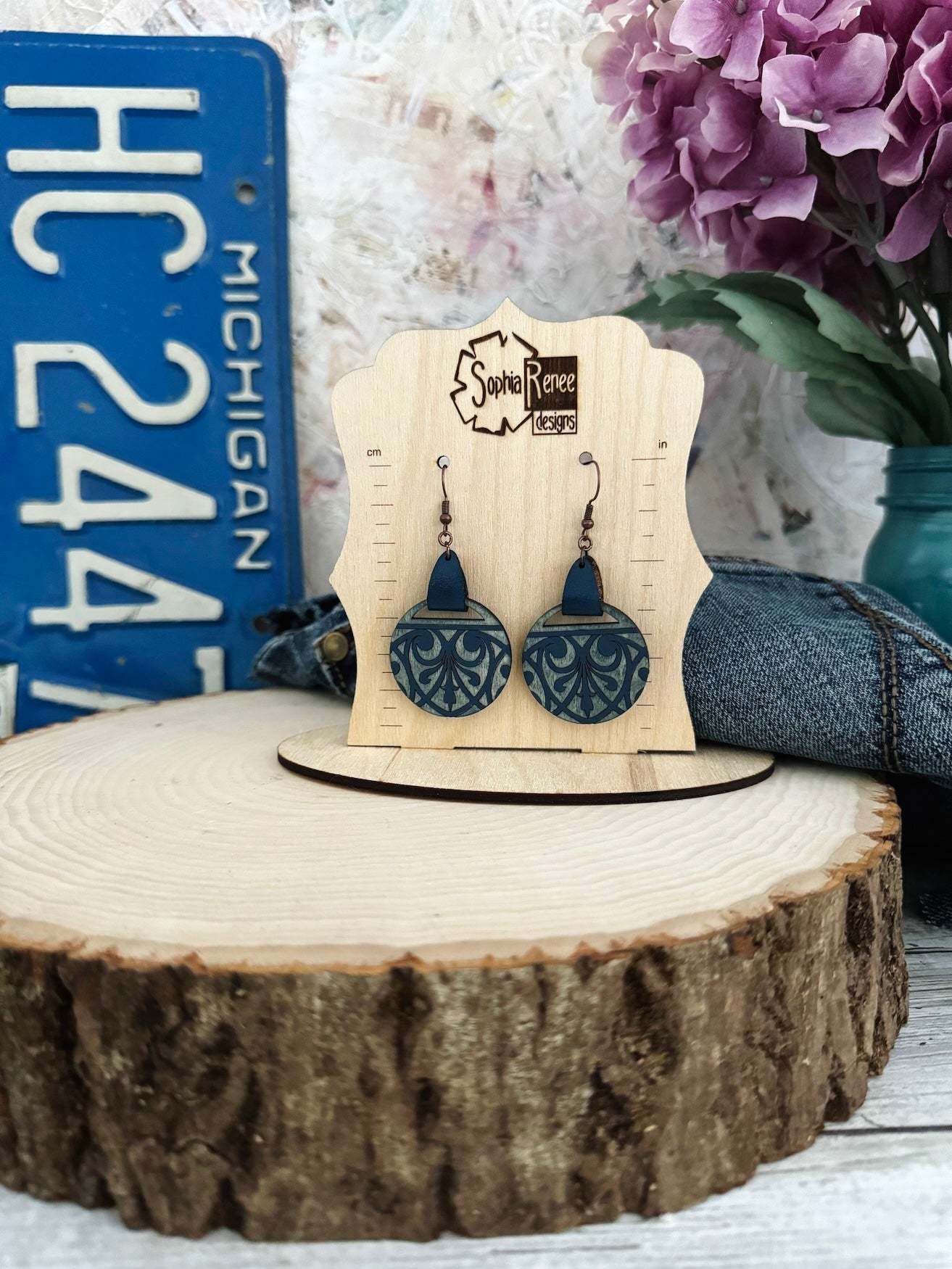 Circular Art Deco Wooden Earrings with Leather