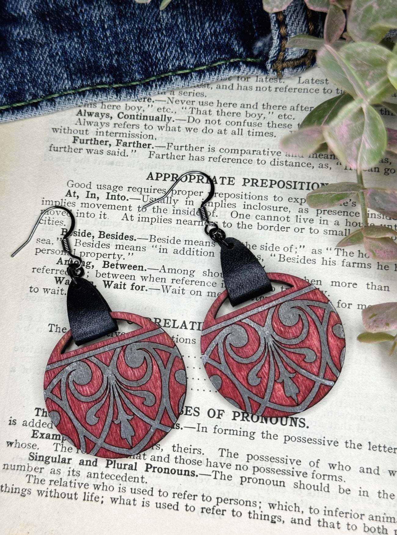 Circular Art Deco Wooden Earrings with Leather