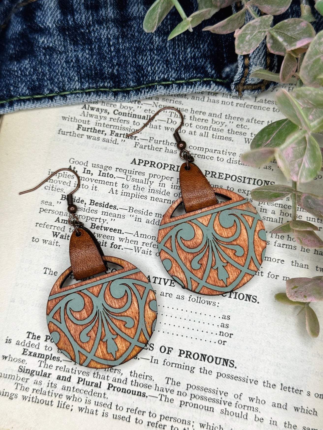 Circular Art Deco Wooden Earrings with Leather