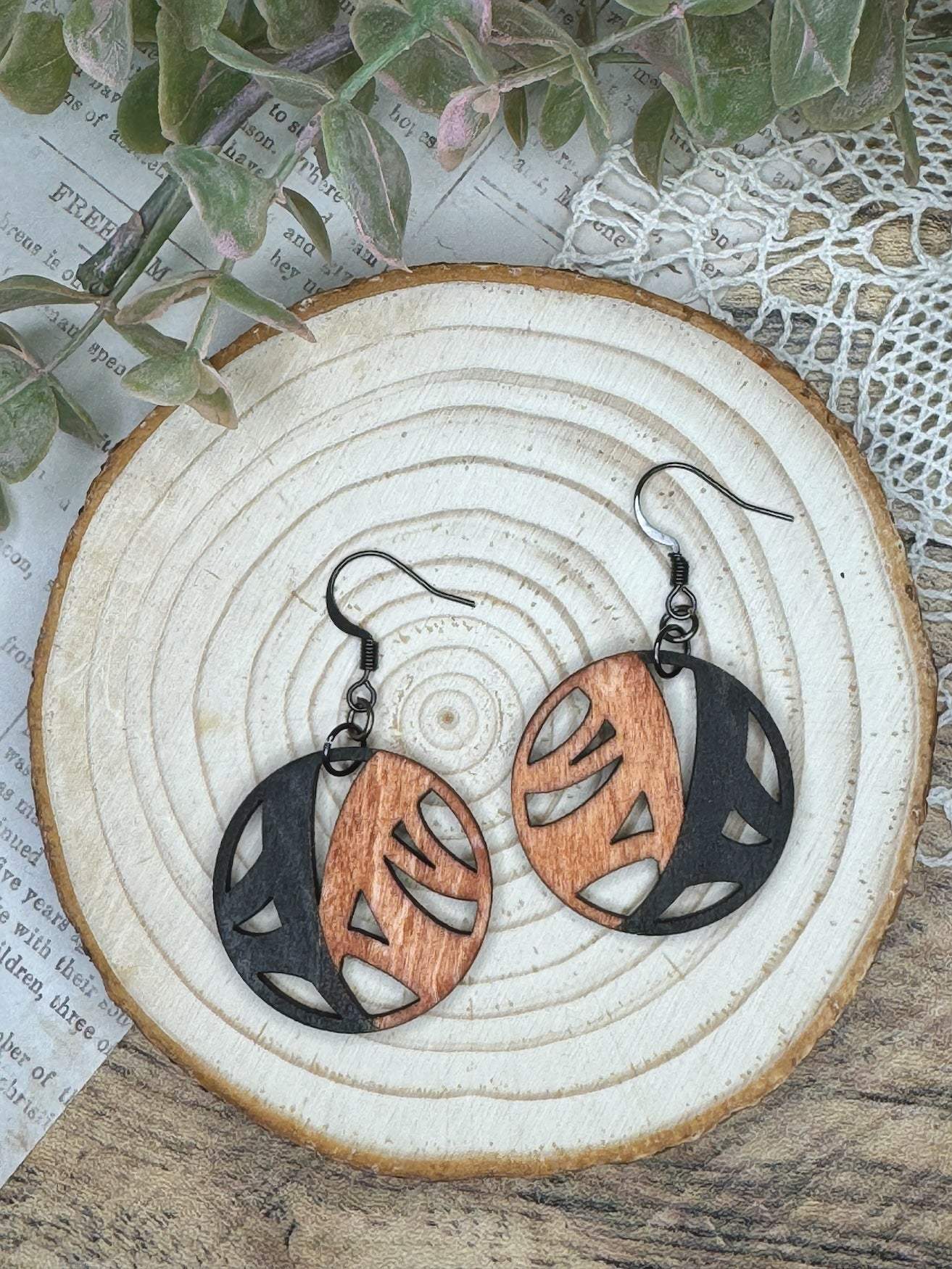 Wooden Earrings | Circular Asymmetric Modernist Earrings | Lightweight