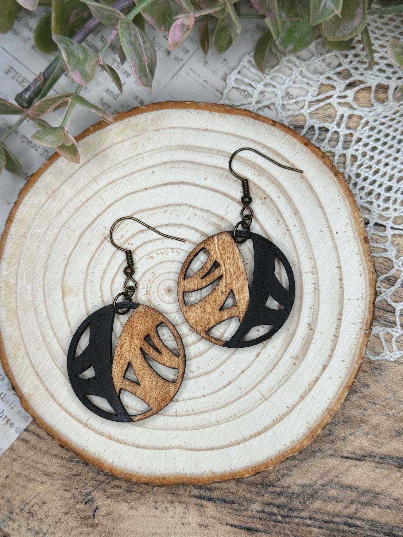 Wooden Earrings | Circular Asymmetric Modernist Earrings | Lightweight