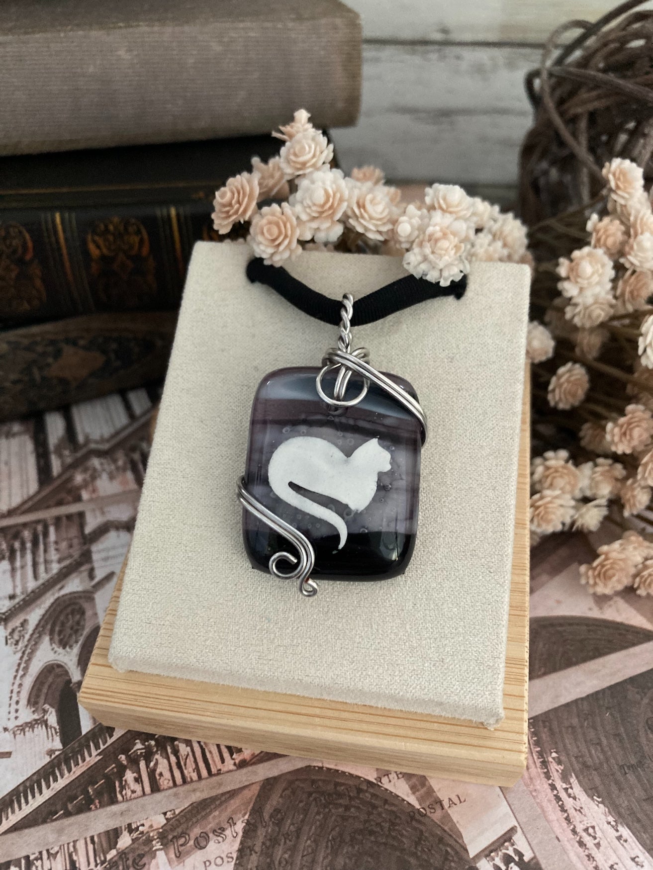 Clara Cat Pendant Necklace -Original Fused Glass Accessible Necklace